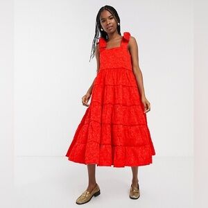 Sister Jane Vibrant Red Jacquard Midi Dress NWOT